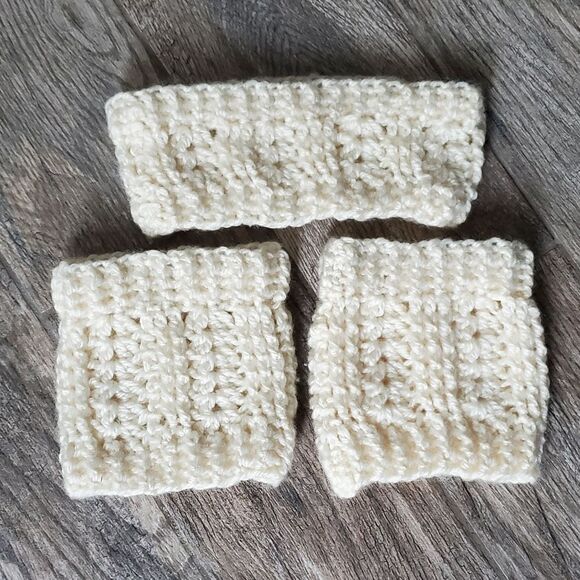 Hand Crafted Chunky Knit Crochet Cream Colored Boot Cuffs and Headwrap Set - Picture 9 of 10